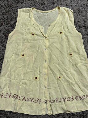 90s  Whimsy Fairy Boho Butter Yellow Embroidered Button up Shirt No size Tag
